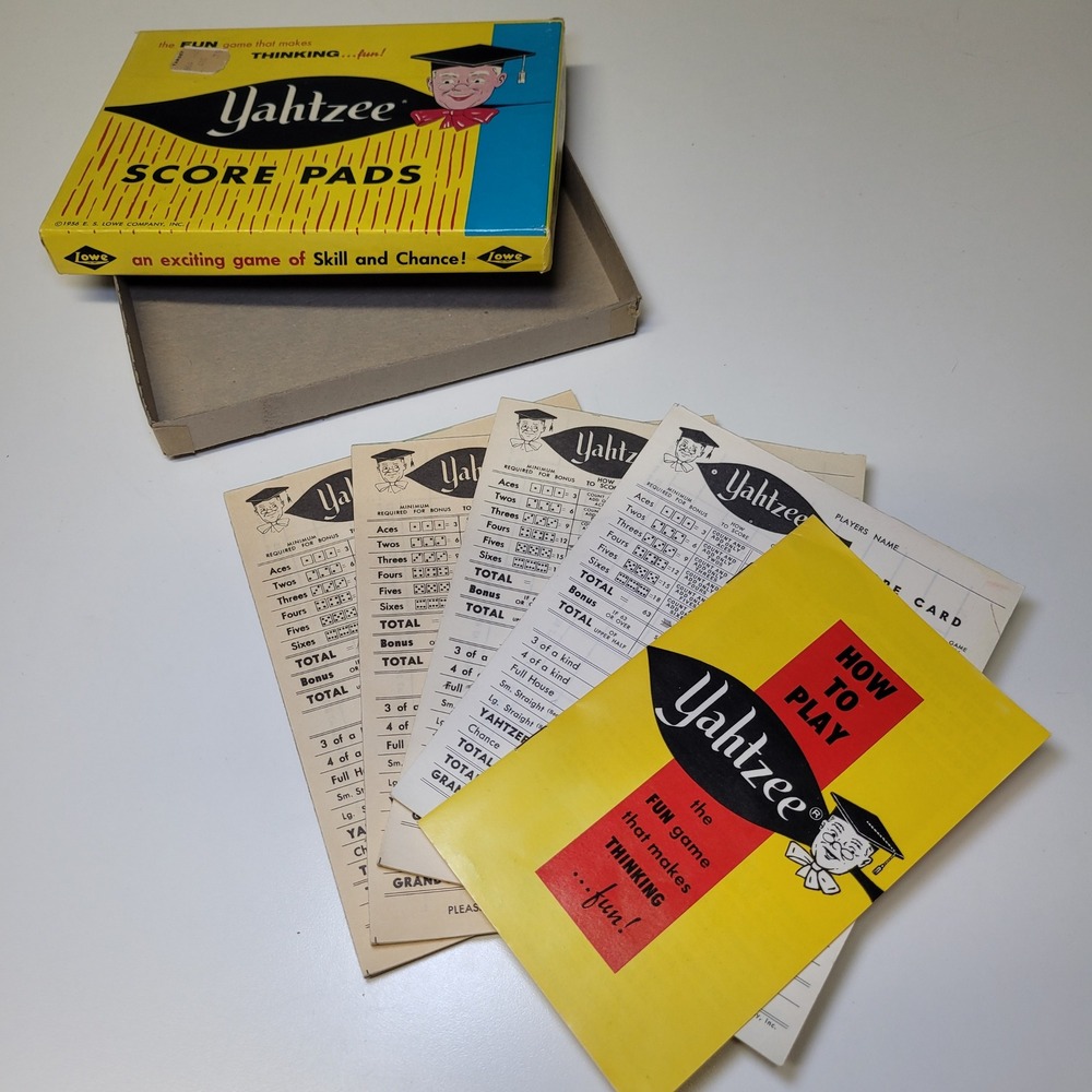 Vintage Yahtzee Score Pads Box Complete How To Play E S Lowe‎ 1956